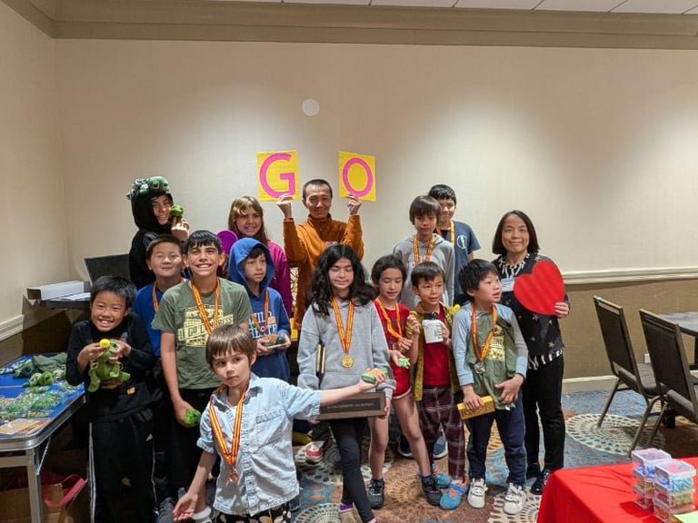 Participants in the youth tournament pose for a group photo during the 2026 Chicago Go Open on May 23, 2026, in Evanston, Ill. Photo by Xinming “Simon” Guo.