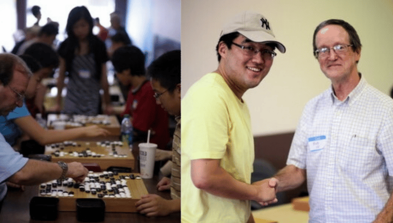 Players compete at Barber’s Sept. 3, 2011, “Form Follows Function” tournament in Chicago (left); tournament winner Xuyu Xiang 6D with Barber (right). Photos by Dan Smith. Source: https://aga-news-archive-viewer.azurewebsites.net/api/news-archive/article/6826.